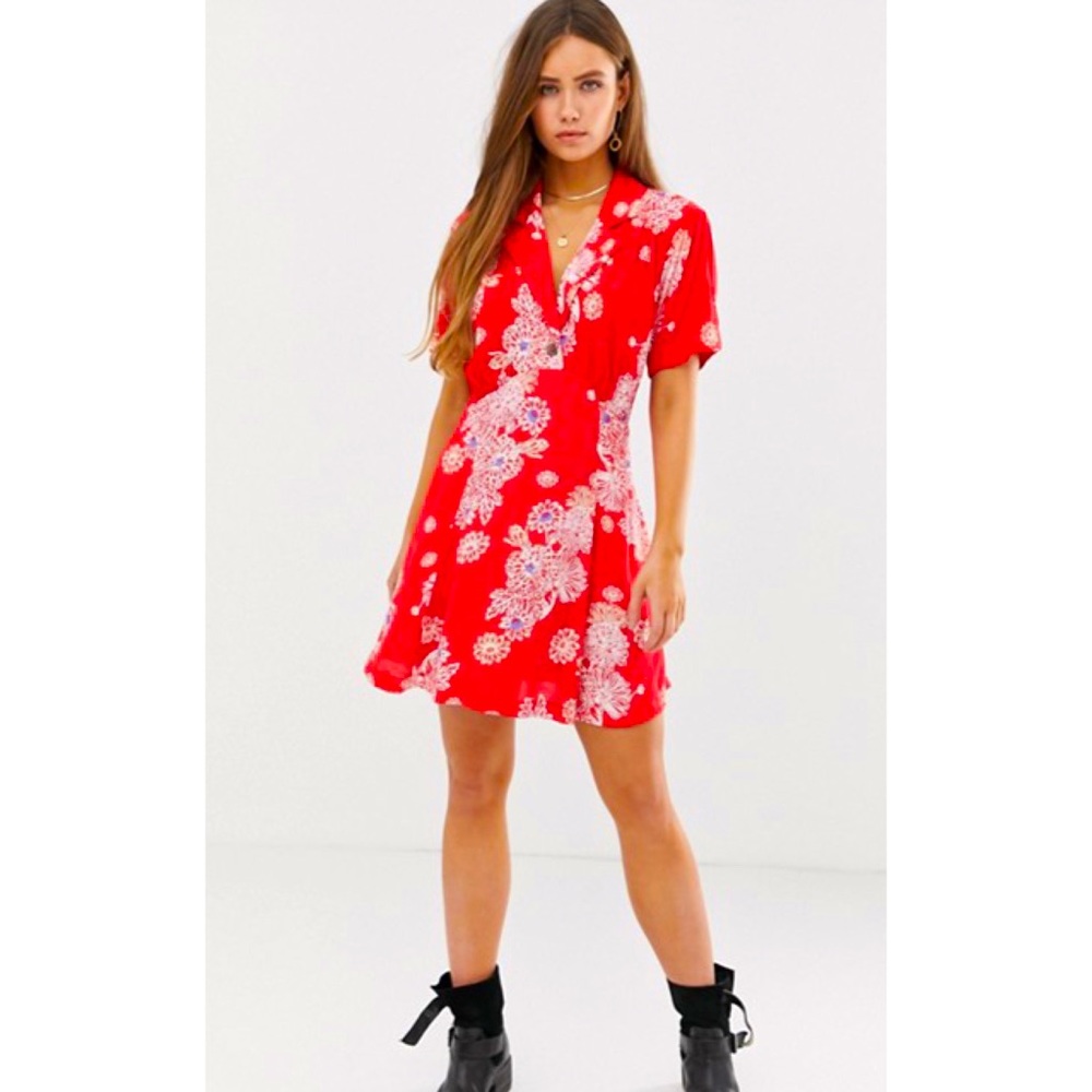 FREE PEOPLE Red Hawaiian Floral A Line Mini Dress